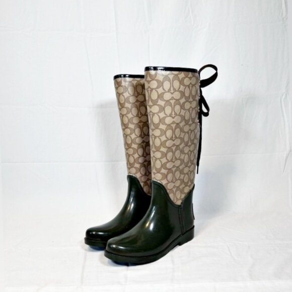 Coach Tristee Brown Signature Lace Up Corset Knee High Rubber Rain Boots~9~ - Picture 1 of 8